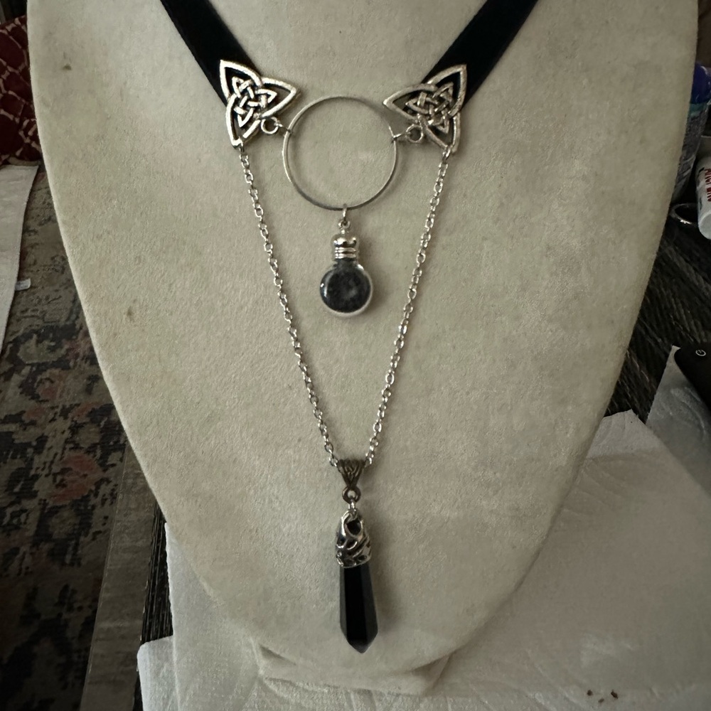 Silver & Black Velvet and Crystal Witchy Wicca Goth Halloween Choker